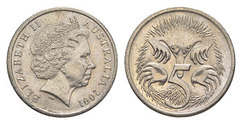 Австралия 5 центов 2001 Елизавета II (1952-2022), ехидна KM 401 медно-никель 4154-254