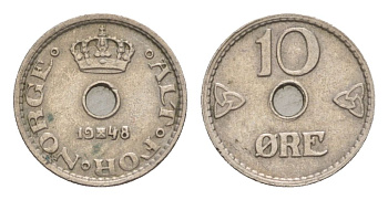 Норвегия 10 эре 1948 Хокон VII (1905-1957) KM 383 медно-никель 4632-1136