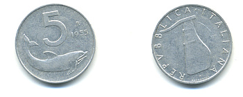 ИТАЛИЯ 5 ЛИР 1955 R, РУЛЬ, ДЕЛЬФИН KM 92 алюминий 86-944