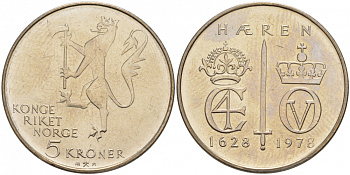 Норвегия 5 крон 1978 350 лет Норвежской армии KM 423 медно-никель UNC M11-18