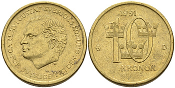 Швеция 10 крон 1991 D, Карл XVI Густав (1973- ) KM 877 медь алюминий цинк 4592-132