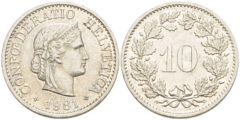 Швейцария 10 раппенов 1981 KM 27 медно-никель 4529-652