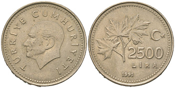 Турция 2500 лир 1991 KM 1015 никель бронза 4589-1231