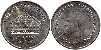 Швеция 1 крона 2005 Карл XVI Густав (1973- ) KM 894 медно-никель 93-452