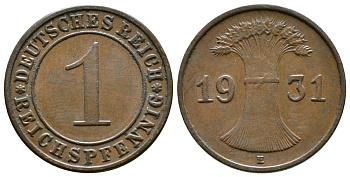 ГЕРМАНИЯ 1 РЕЙХСПФЕННИГ 1931 E KM 37, J. 313 бронза 4380-1223