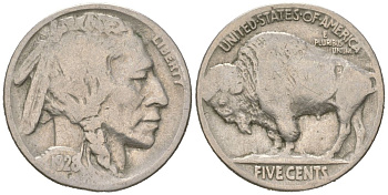 США 5 центов 1928 индеец, бизон KM 134 медно-никель 4614-1134