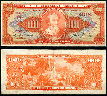 Бразилия 1000 крузейро ND (1960) Педру Алвариш Кабрал, первая Святая месса в Бразилии, Estampa 2, серия 673 Pick 165  бумага   444-133-1-2