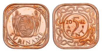 Суринам 5 центов 2012 тираж 1000 экземпляров KM 12b сталь плакированная медью BU 4649-959