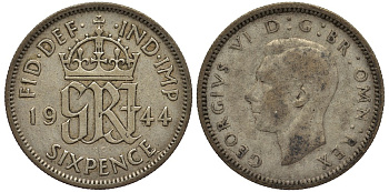 Великобритания 6 пенсов 1944 Георг VI (1936-1952) KM 852, Spink 4084 серебро 4538-535