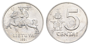 Литва 5 центов 1991 KM 87 алюминий UNC 4566-555