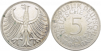 ФРГ 5 марок 1951 F, KM 112.1 серебро 111-735