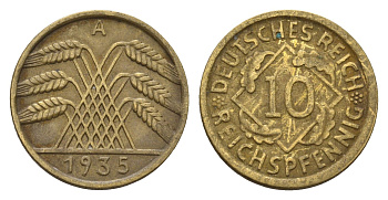 Германия 10 рейхспфеннигов 1935 A KM 40, J. 317 алюминиевая бронза 4611-1134