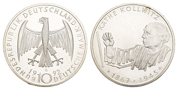ФРГ 10 марок 1992 G, 125 лет со дня рождения Кете Кольвиц KM 178 серебро UNC 4634-1022