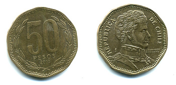 Чили 50 песо 2010 Бернардо О’Хиггинс KM 219.2 алюминиевая бронза 35-642