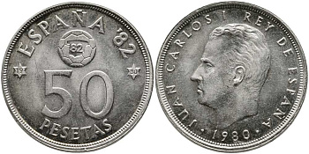 Испания 50 песет 1980 (80) чемпионат мира по футболу в Испании 1982 года, Хуан Карлос I (1975-) KM 819 медно-никель 111-232