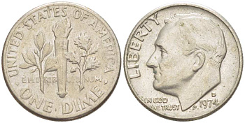 США 10 центов (дайм) 1974 D, Франклин Рузвельт KM 195а медь плакированная медно-никелем 217-1111