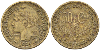 Французский Камерун 50 сантимов 1924 (а), монетный двор Париж KM 1 алюминиевая бронза 71-1517