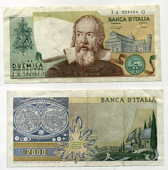Италия 2000 лир 1973 Галилео, Пизанская башня Pick 103a бумага 6279-4-1-2