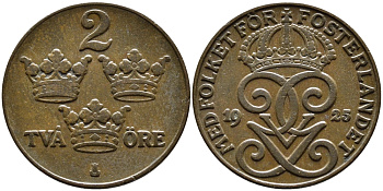 Швеция 2 эре 1925 Густав V (1907-1950) KM 778 бронза 80-1254