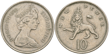 Великобритания 10 пенсов 1968 Елизавета II (1952-2022) KM 912, Spink 4231 (F1) медно-никель 4364-3823