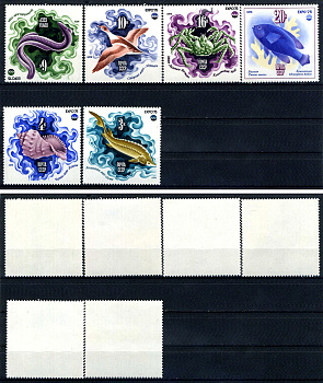 СССР набор из 6 марок (3, 4, 6, 10, 16 и 20 копеек) 1975 Всемирная выставка «Экспо-75» «Море и будущее» (Окинава, Япония) - Осетр, Моллюск рапана, угорь, утка морянка, камчатский краб, рыба хризиптера Загорский 4426, 4427, 4428, 4429, 4430, 4431 и 4432   