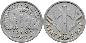 ФРАНЦИЯ 1 ФРАНК 1943 LB, ТИП LEGERE, ПРАВИТЕЛЬСТВО ВИШИ KM 902.1, LE FRANC 223.3 алюминий 4397-644