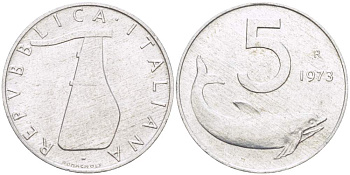 ИТАЛИЯ 5 ЛИР 1973 R, ДЕЛЬФИН, РУЛЬ KM 92 алюминий 4513-211