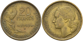 Франция 20 франков 1951 Петух KM 917.1 алюминиевая бронза 4142-1237
