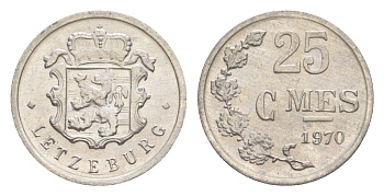 Люксембург 25 сантимов 1970 Герцог Жан (1964-1999) KM 45a алюминий 4643-526