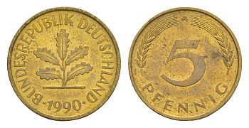 ФРГ 5 пфеннигов 1990 A KM 107, J. 382 сталь плакированная латунью UNC 4630-1252