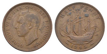 Великобритания 1/2 пенни 1945 Георг VI (1936-1952) KM 844, Spink 4115 бронза 4662-1113