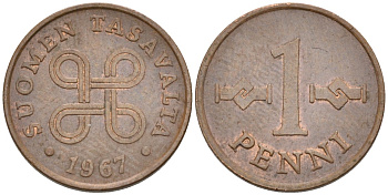 Финляндия 1 пенни 1967 KM 44 медь 192-1239