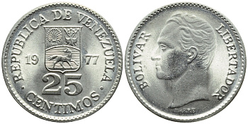 Венесуэла 25 сентимо 1977 Симон Боливар KM 50.2 никель 4392-952