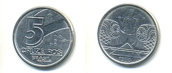 Бразилия 5 крузейро 1990 фермер KM 618.1 нержавеющая сталь aUNC 93-651