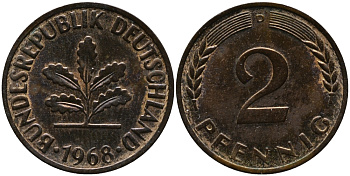 ФРГ 2 пфеннига 1968 D KM 106а, J.381а сталь плакированная медью 99-155