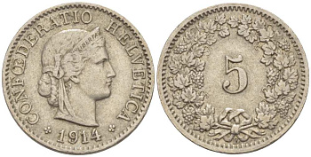 ШВЕЙЦАРИЯ 5 РАППЕНОВ 1914 В KM 26 медно-никель 3955-1129