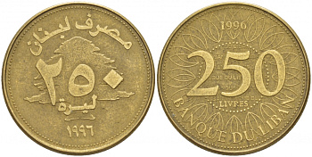Ливан 250 ливров 1996 кедровое дерево KM 36 латунь 4548-627