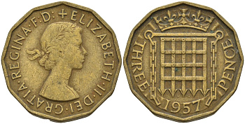 Великобритания 3 пенса 1957 Елизавета II (1952-2022) KM 900, Spink 4153 никель латунь 4146-342