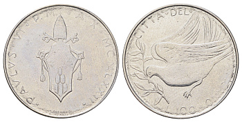 Ватикан 100 лир 1970 MCMLXX, Павел KM 122 нержавеющая сталь UNC 4699-626