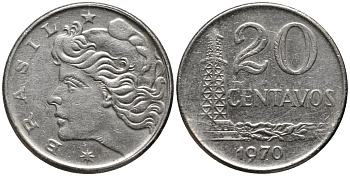 Бразилия 20 сентаво 1970 голова Свободы влево KM 579.2, Schon 84a медно-никель 4577-624