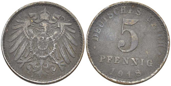 ГЕРМАНИЯ 5 ПФЕННИГОВ 1918 A KM 19, J. 297, Weege 5 железо 206-718