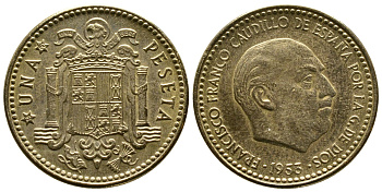 ИСПАНИЯ 1 ПЕСЕТА 1953 (60) ФРАНСИСКО ФРАНКО ДИКТАТОР ИСПАНИИ (1939-1975) KM 775 алюминиевая бронза 93-334