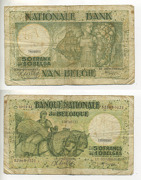 Бельгия 50 франков = 10 бельгас  1944 16074 Pick 106 бумага 6299-27-2