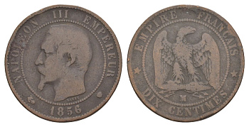 Франция 10 сантимов 1856 MA, Наполеон III (1852-1870) KM 771.6, Le Franc 133.27 бронза 109-1042