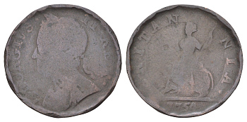 Великобритания 1 фартинг 1754 Георг II (1727-1760) KM 581.2, Spink 3722 медь 4708-617