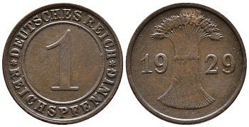 ГЕРМАНИЯ 1 РЕЙХСПФЕННИГ 1929 F KM 37, J. 313 бронза 39-1014