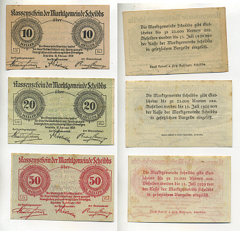 АВСТРИЯ НАБОР ИЗ 3 БАНКНОТ 1920 15 ФЕВРАЛЯ 1920-15 ИЮЛЯ 1920, НОТГЕЛЬД, 10, 20, 50 ГЕЛЛЕРОВ, SCHIBBS бумага XF 7217-22-3