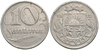 Латвия 10 сантимов 1922 первая Республика (1918-1939) KM 4 никель 4549-1231