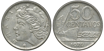 Бразилия 50 сентаво 1970 голова свободы влево KM 580а медно-никель 72-554