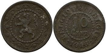 Бельгия 10 сантимов 1916 германская оккупация Первая мировая война, Альберт I (1910-1934) KM 81 цинк 4161-255